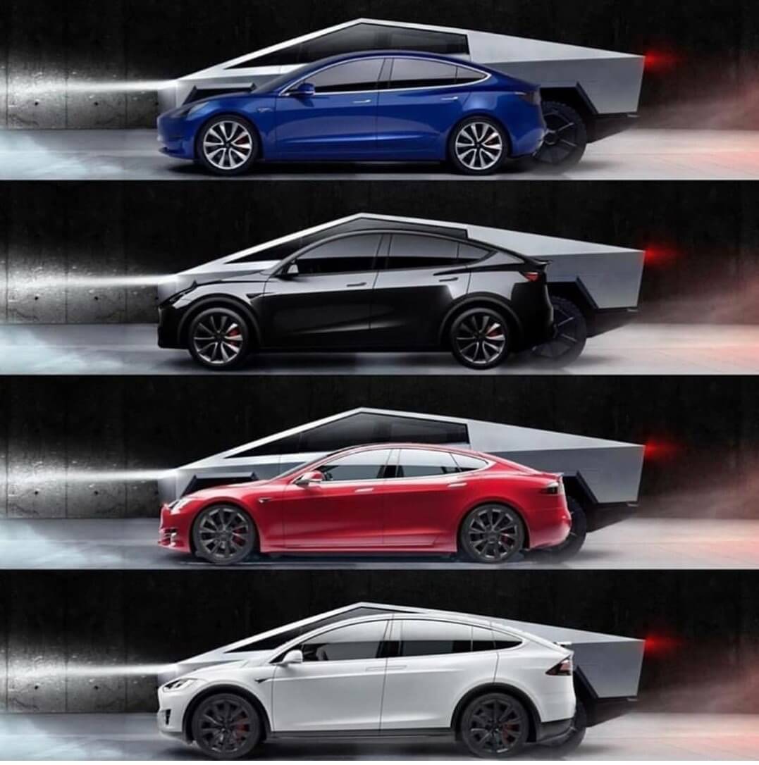 Порівняння розмірів Tesla Cybertruck з Model 3/Y/S/X